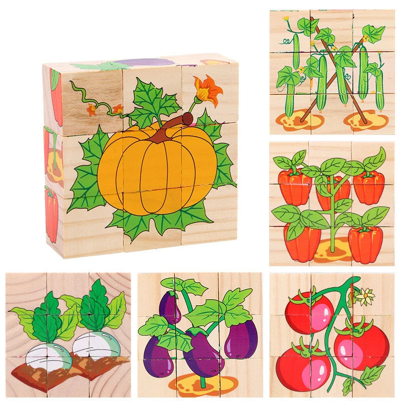 Baby Wooden Blocks Toys Children Six Side Cube Jigsaw Puzzles Game Animal Fruit Traffic Cognize Early Learning Educational Toys La Souris Montessori