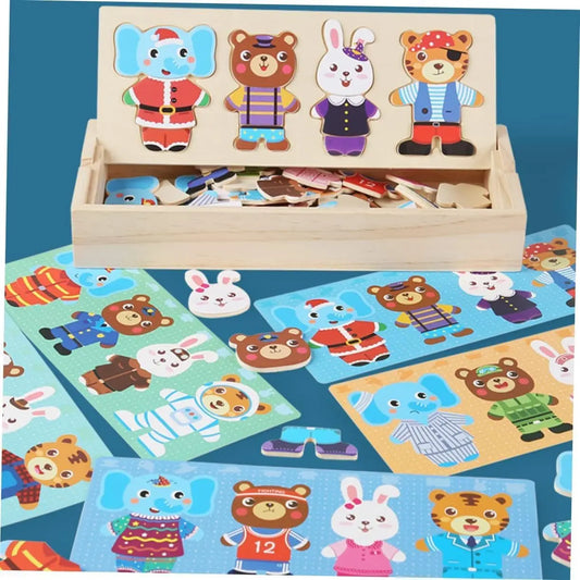 Puzzle en bois Montessori - Jeu d’habillage des animaux pour éveil et motricité