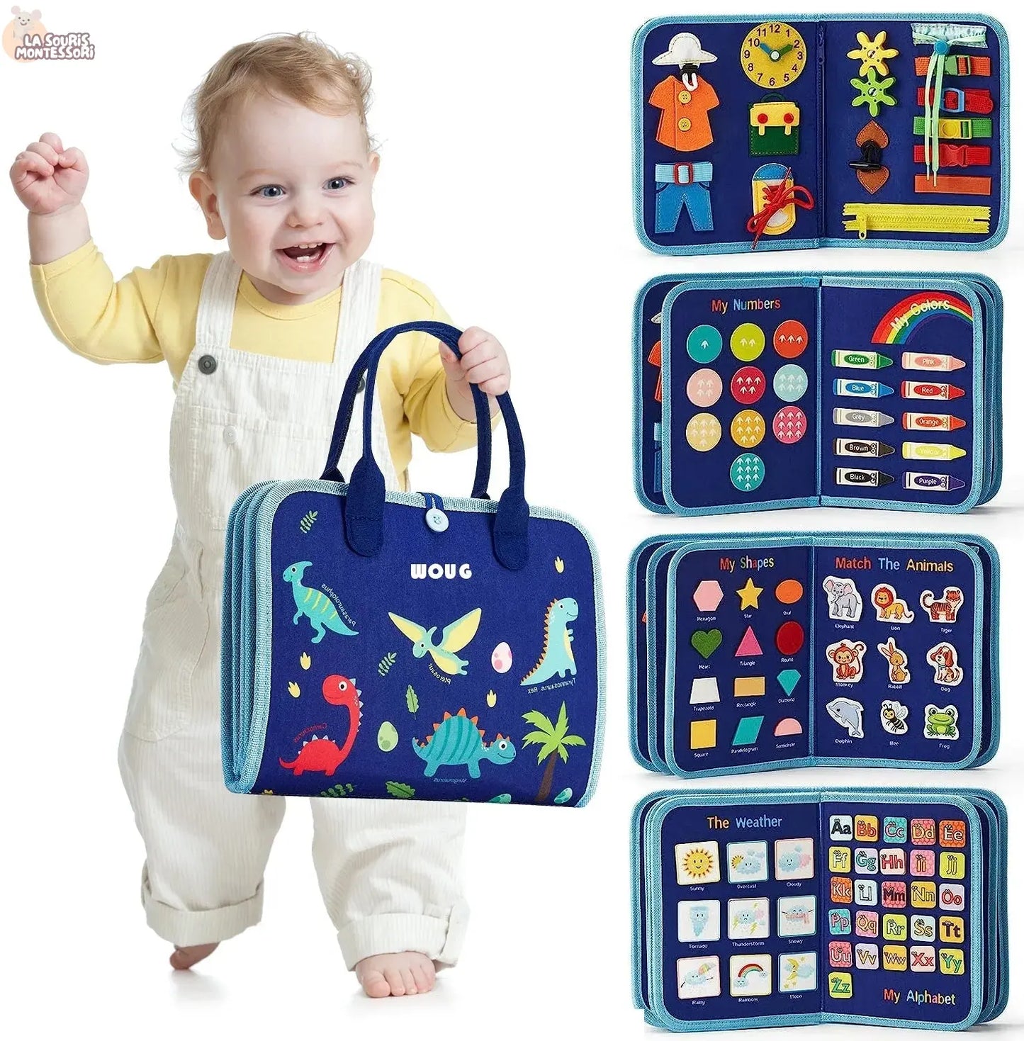Toddlers Travel Busy Board for Boys Girls Montessori Toys for 2+ Year Old Preschool Learning Life Skill, Alphabet, Number, Shape La Souris Montessori