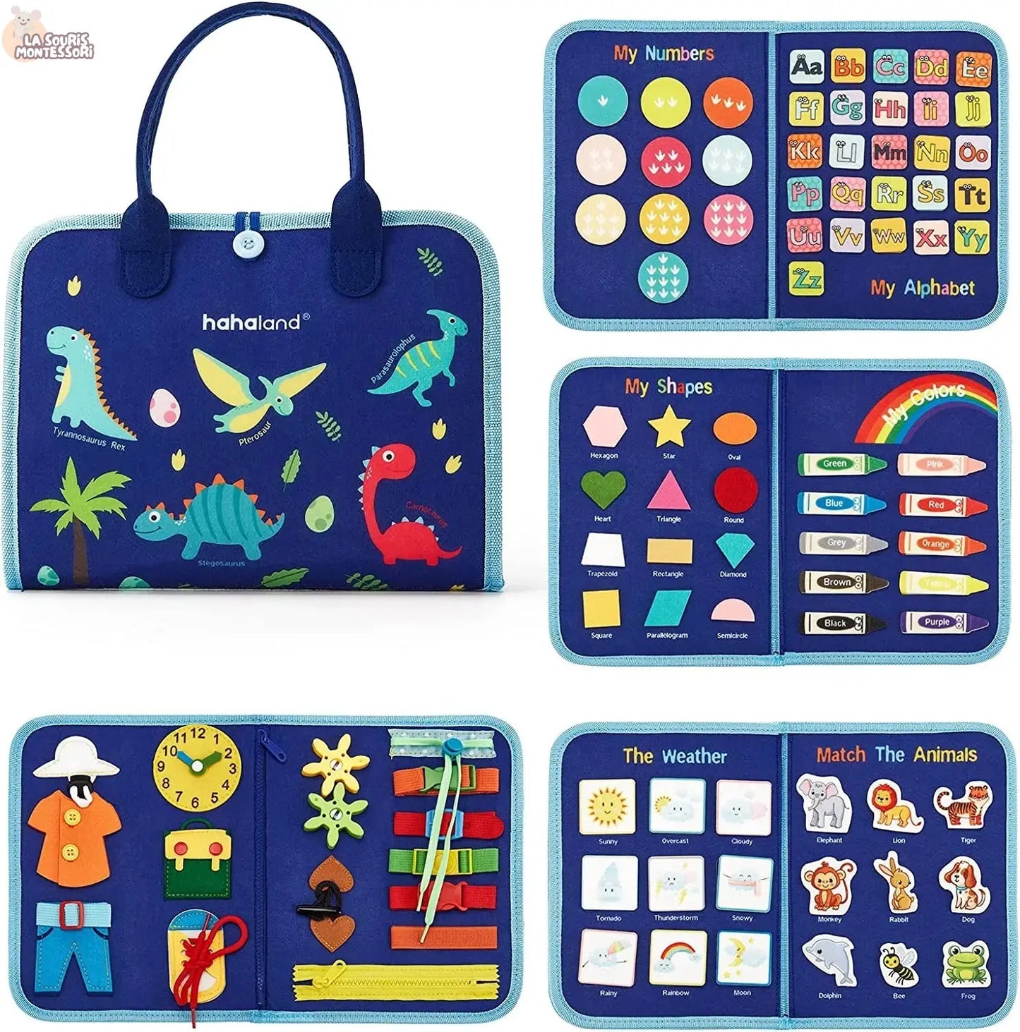 Toddlers Travel Busy Board for Boys Girls Montessori Toys for 2+ Year Old Preschool Learning Life Skill, Alphabet, Number, Shape La Souris Montessori
