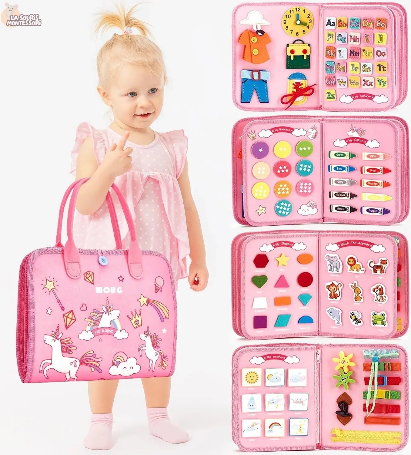 Toddlers Travel Busy Board for Boys Girls Montessori Toys for 2+ Year Old Preschool Learning Life Skill, Alphabet, Number, Shape La Souris Montessori