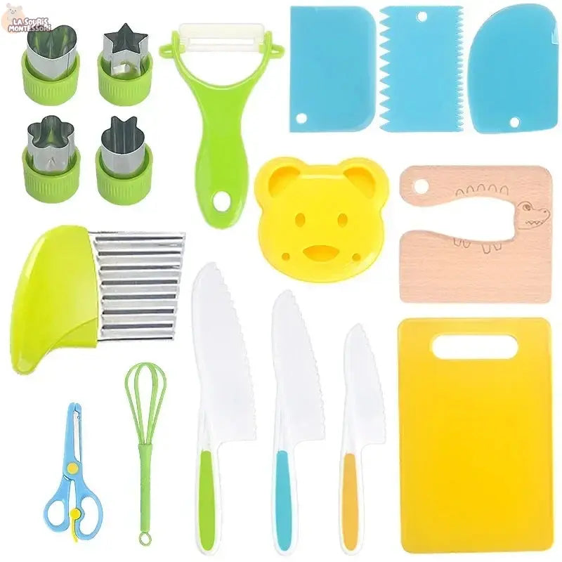 13/17PCS Kids Cooking sets Real Cooking Montessori Kitchen Tools for Toddlers Kids Safe Knives for 2/3/4/5/6/7/8 Year Old La Souris Montessori