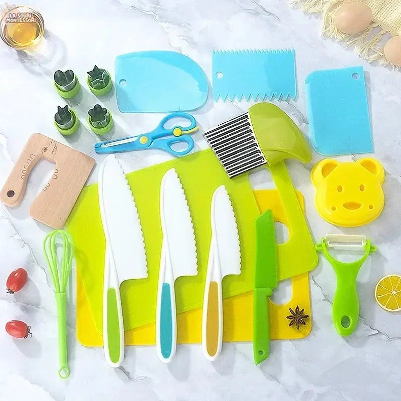 13/17PCS Kids Cooking sets Real Cooking Montessori Kitchen Tools for Toddlers Kids Safe Knives for 2/3/4/5/6/7/8 Year Old La Souris Montessori