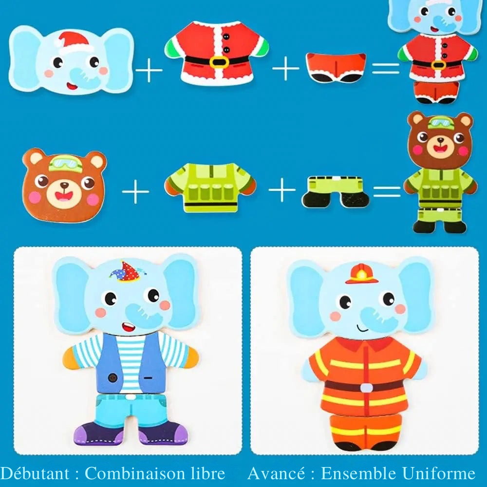 Puzzle en bois Montessori - Jeu d’habillage des animaux pour éveil et motricité La Souris Montessori