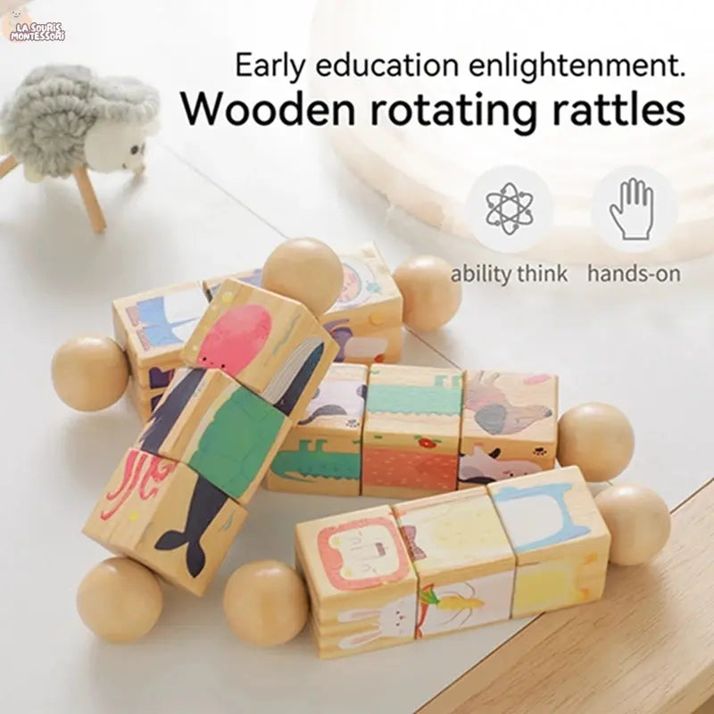 Baby Wooden Rotating Jigsaw Puzzle Hand bell Toy Baby Mobile Musical Rattle Toy Montessori Puzzle Game For Babies Newbaby Gift La Souris Montessori