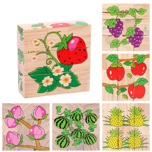 Baby Wooden Blocks Toys Children Six Side Cube Jigsaw Puzzles Game Animal Fruit Traffic Cognize Early Learning Educational Toys La Souris Montessori
