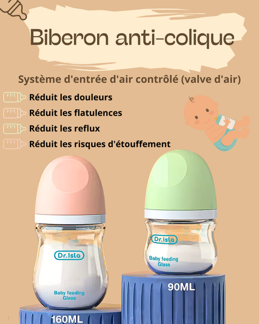 Biberon anti-colique en verre Dr. Isla – Doux, sûr et physiologique (90ml ou 160ml) La Souris Montessori