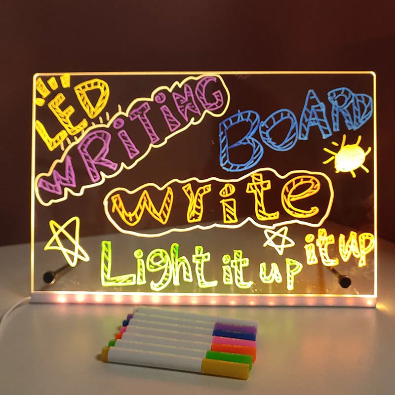 LED Note Board Night Light With Colorful 7 Pens DIY Acrylic Message Board Erasable Painting Drawing Board For Kids Birthday Gift La Souris Montessori
