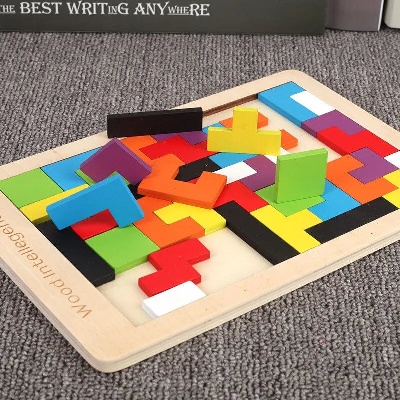 Wooden Blocks Puzzle Brain Teasers Toy Tangram Jigsaw Intelligence Colorful 3D Russian Blocks Montessori Educational La Souris Montessori