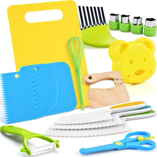 17PCS Kids Cooking sets Real Cooking Montessori Kitchen Tools for Toddlers Kids Safe Knives for 2/3/4/5/6/7/8 Year Old La Souris Montessori