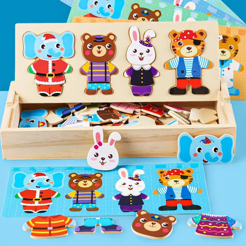 Puzzle en bois Montessori - Jeu d’habillage des animaux pour éveil et motricité