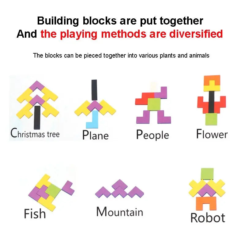 Wooden Blocks Puzzle Brain Teasers Toy Tangram Jigsaw Intelligence Colorful 3D Russian Blocks Montessori Educational La Souris Montessori