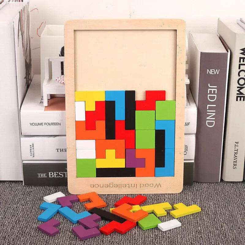Wooden Blocks Puzzle Brain Teasers Toy Tangram Jigsaw Intelligence Colorful 3D Russian Blocks Montessori Educational La Souris Montessori