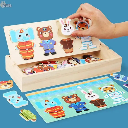 Wooden Dress Up Puzzles Montessori Toys Animal Bear Change Clothes Jigsaw Puzzle Box Matching Games Dressing Kid's Travel Set La Souris Montessori